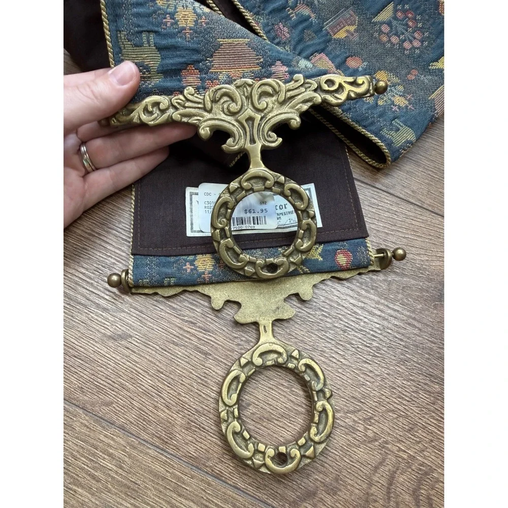 Corona Decor Co Bell Pull Tapestry Sampler Blue Brass Hardware Wall Hanging